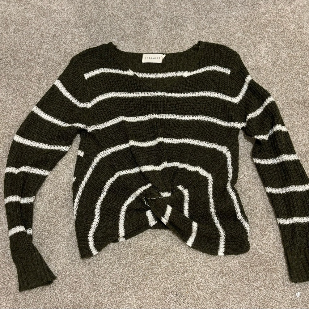 Dreamers olive green with cream stripe lightweight fall sweater.